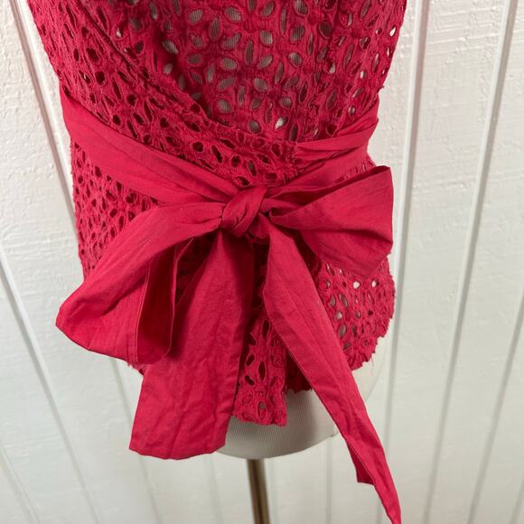 Moda International Women Eyelet Short Sleeve Wrap Top Pink Red Size XS/Small - Picture 7 of 10